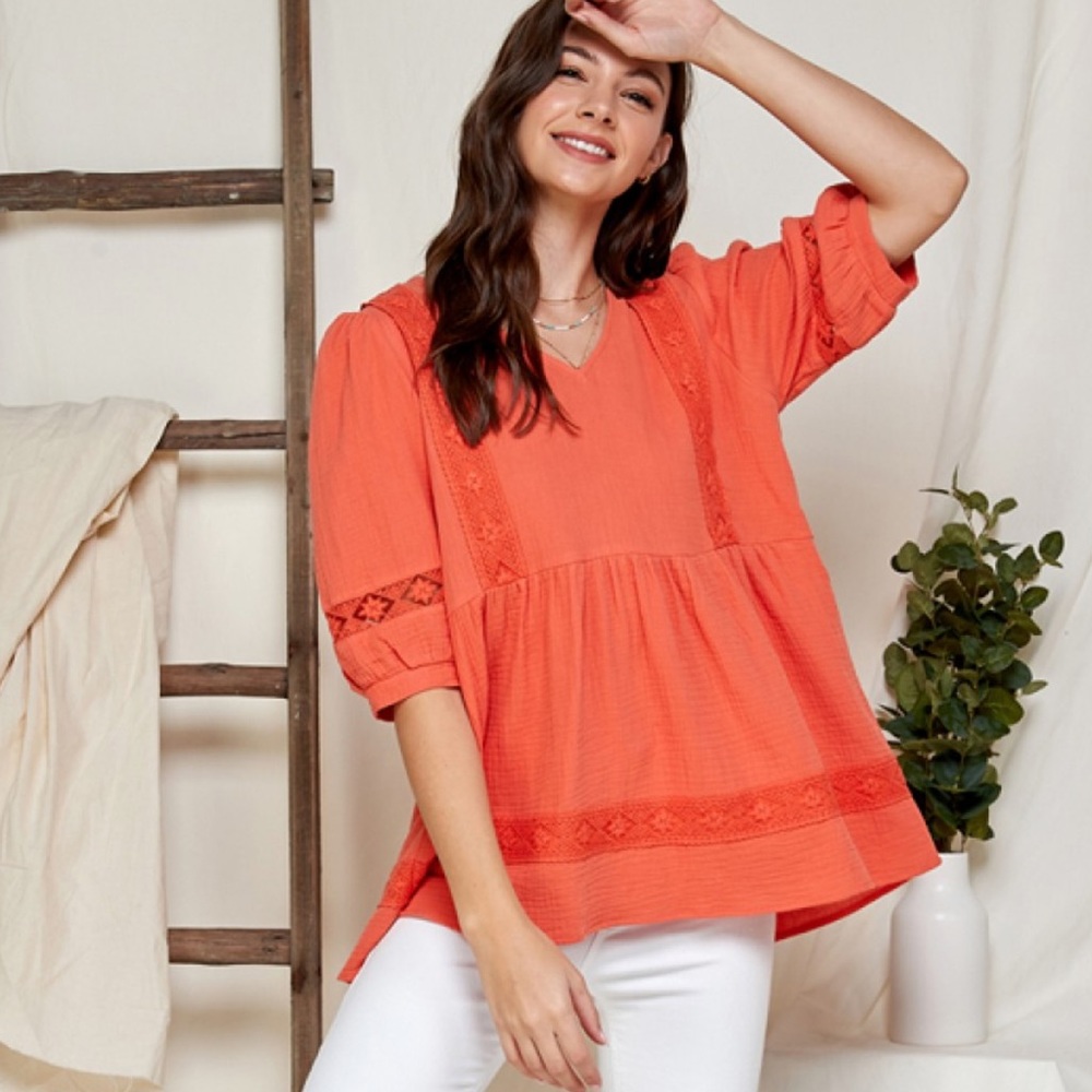 Bright Orange V Neck Gauzy Cotton Lace Trim Babydoll Short Sleeve Top S M L XL